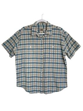 Vintage County Seat Shirt 100% Cotton Plaid Button Down Pockets Blue Tan Size L
